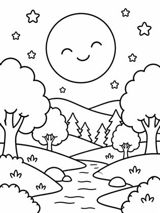 Colouring page: Moon Over the Sleepy Woods