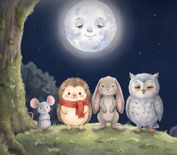 Moss the hedgehog with Button, Bramble and Old Owl under a smiling moon